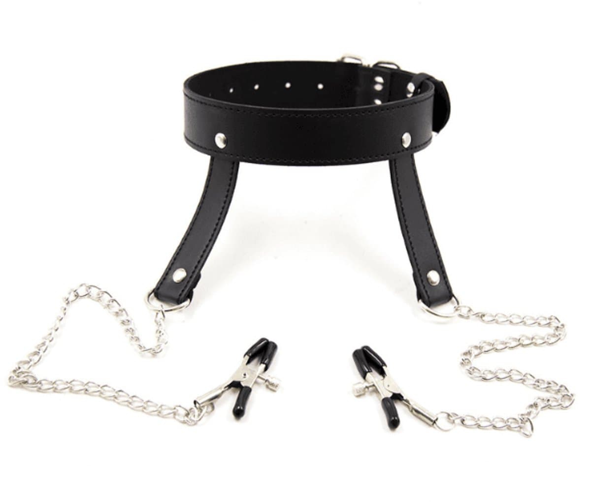 Adultshop - BDSM Collar met Tepelklemmen - Collar met Tepelklemmen en Zilveren Ketting | Zwart PU Leder Halsband | Verstelbaar 35-50cm — afbeelding 1