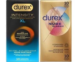 Durex - 20 stuks Condooms - Intensity XL Nieuwste generatie ultradun, gedeelde lichaamswarmte 10st - Nude Huid op Huid gevoel 10st - Voordeelverpakking