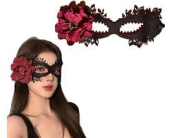 Kanten masker voor dames, zwart oogmasker met rode roos en kralenversiering, elegant halfgezichtsmasker voor Halloween, gala, bruiloft, Mardi Gras en feest (zwart/rood)