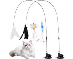2 sets kattenspeelgoed van veren met zuignappen, plus 4 reservekoppen, vishengel voor kittens, binnenspeelgoed voor katten, interactief speelgoed voor katten (2)