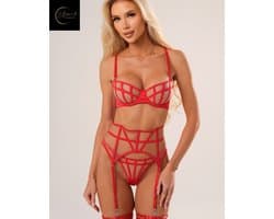 Luxe Lingerieset Dames – Lingerie Erotisch – Sexy Lingerie – 4-delige set – Rood Kant – Lingerie Setje – Verleidelijke BH met Jarretels & Hoge Taille String – Sexy Lingerie – Chique – Luxe –Boudoir Look – Kinky – Erotisch – Maat XS/S, M, L