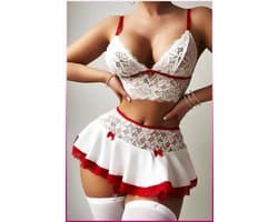 Purple-Daisy Lingeriesets voor vrouwen Smi Sheer Sexy Lingerie voor vrouwen Naughty Lace Minirok Meidenkostuum Nachthemd PDS0025-W - Maat S/M - WIT