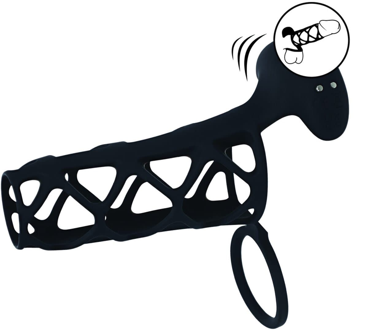 Vibrerende Kooi Silicone Penis Huls en Balring - Zwart — afbeelding 1