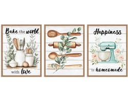 3-delig Farmhouse Bakken Wandkunst, "Bake the World with Love" Mixer & Houten Keukengerei voor Keuken Bakkerij Decor 30x40 cm Niet Ingelijst