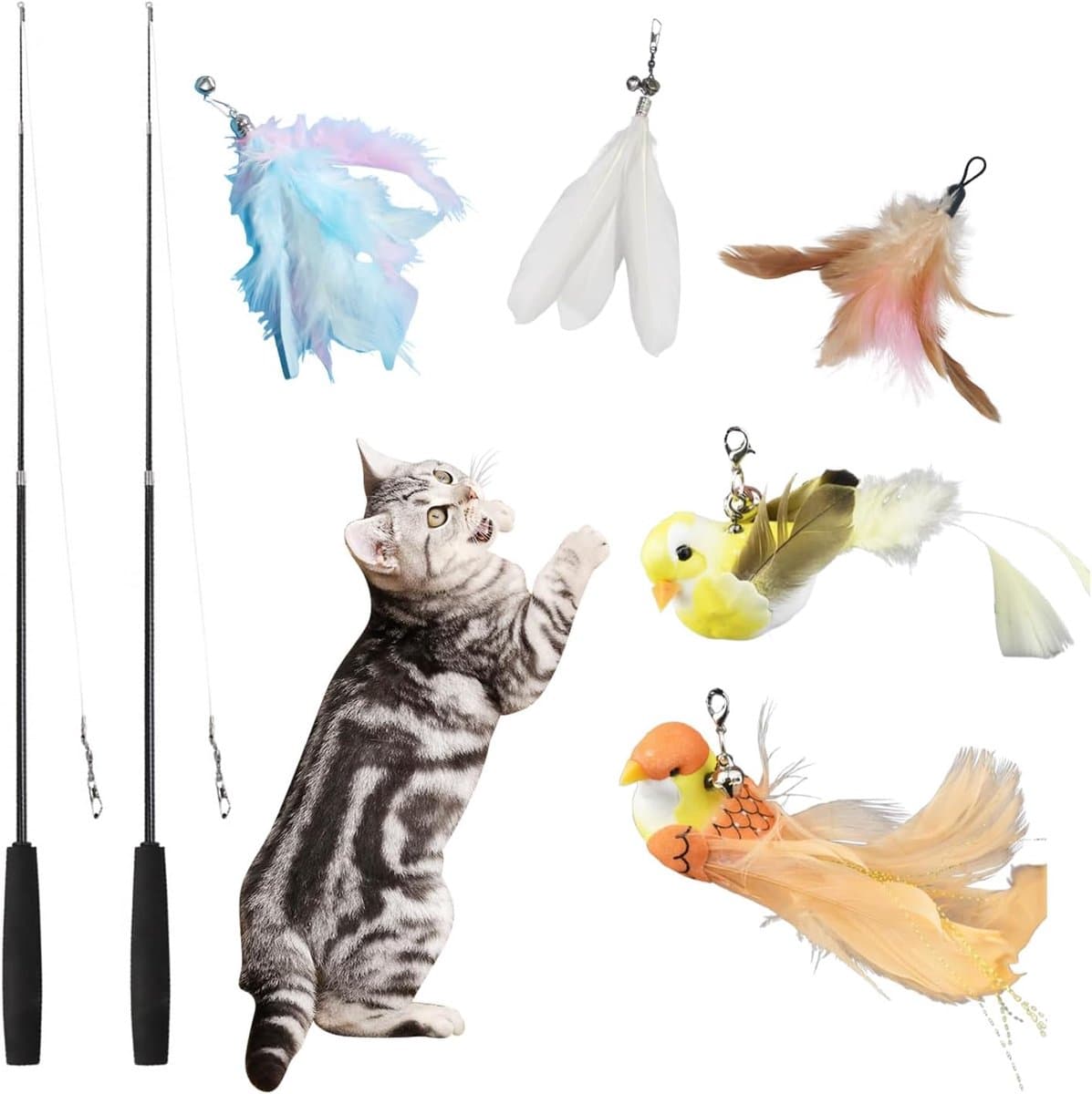 7 stuks kattenspeelgoed, interactief kattenspeelgoed met veren, kattenspeelgoed met 2 intrekbare kattenhengelvervangingen en 5 veren speelgoed met belletjes, voor kleine huiskatten — afbeelding 1