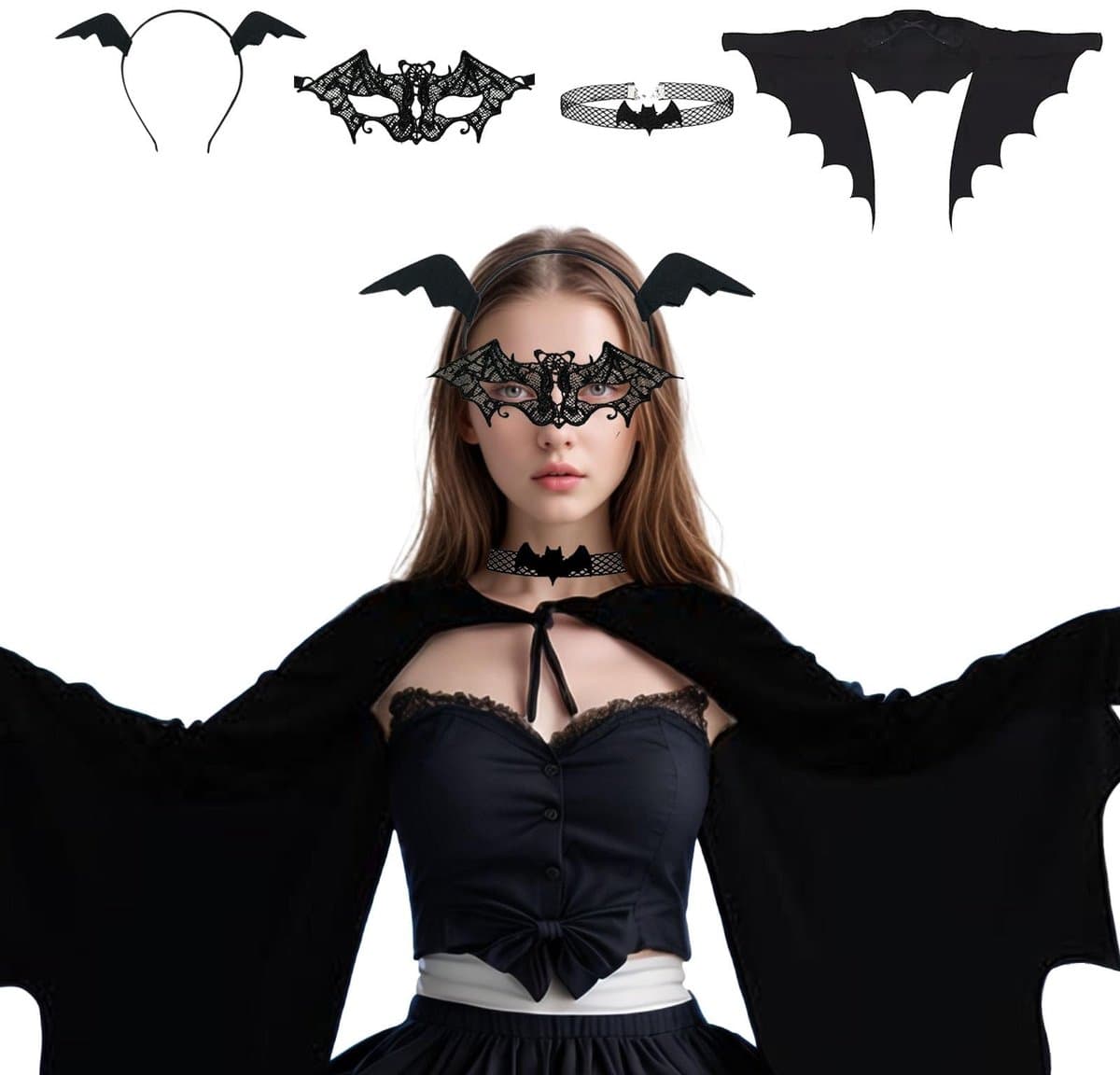 Allecto - Bat Costume - Carnavalsoutfit - Sexy en Elegant - Zwart - Vleermuis Kostuum - Perfect voor Halloween - 4-delige Set — afbeelding 1