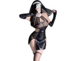 Sexy Nonnen Pakje - 3-Delig Non/Zuster Kostuum Rollenspel - Cosplay & Roleplay - Anime - Latex-look - Jurk, Sluier en Handschoenen - Zwart - M