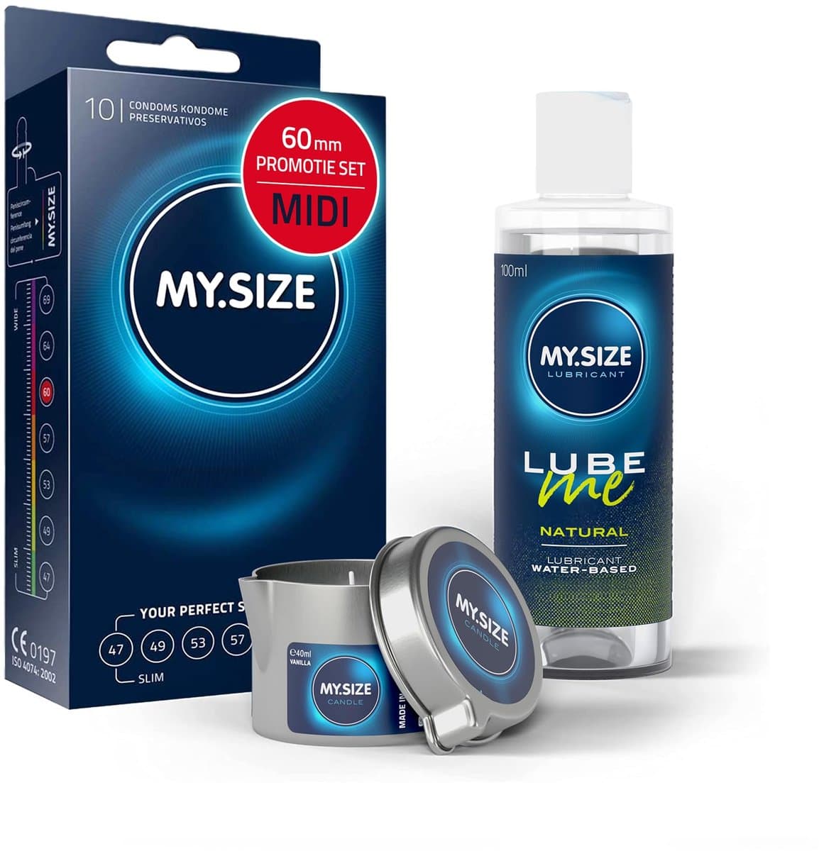 Voordeelverpakking MY.SIZE-condooms 60 mm, pak van 10 + MY.SIZE natuurlijk glijmiddel 100 ml + MY.SIZE-massagekaars — afbeelding 1