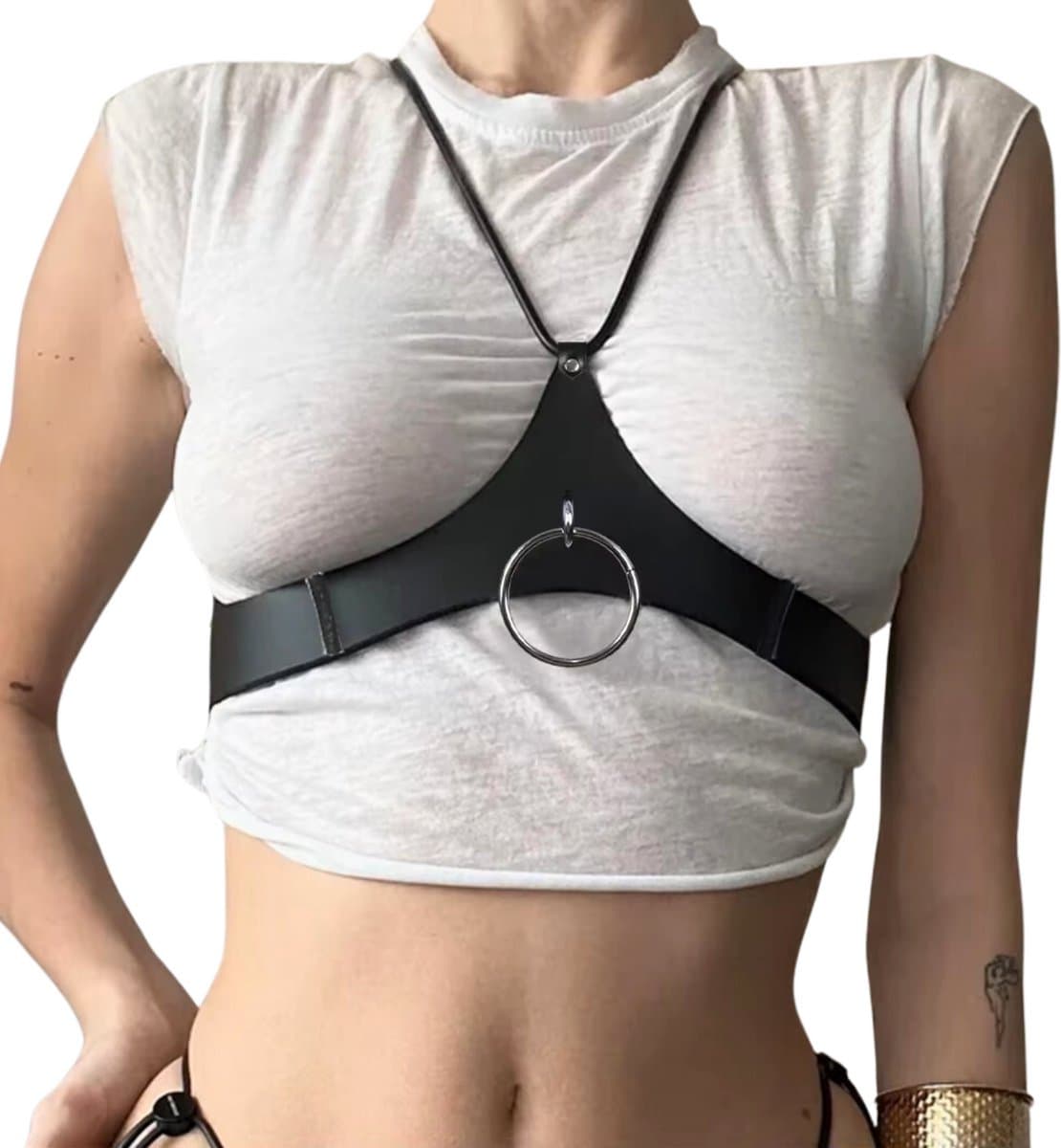 Sexy Harnas voor Dames - Borsten - BDSM Tuigje met Ring - Kunstleder Bondage Lingerie - Verstelbaar - Zwart - Erotisch Riem - Sex Toys — afbeelding 1