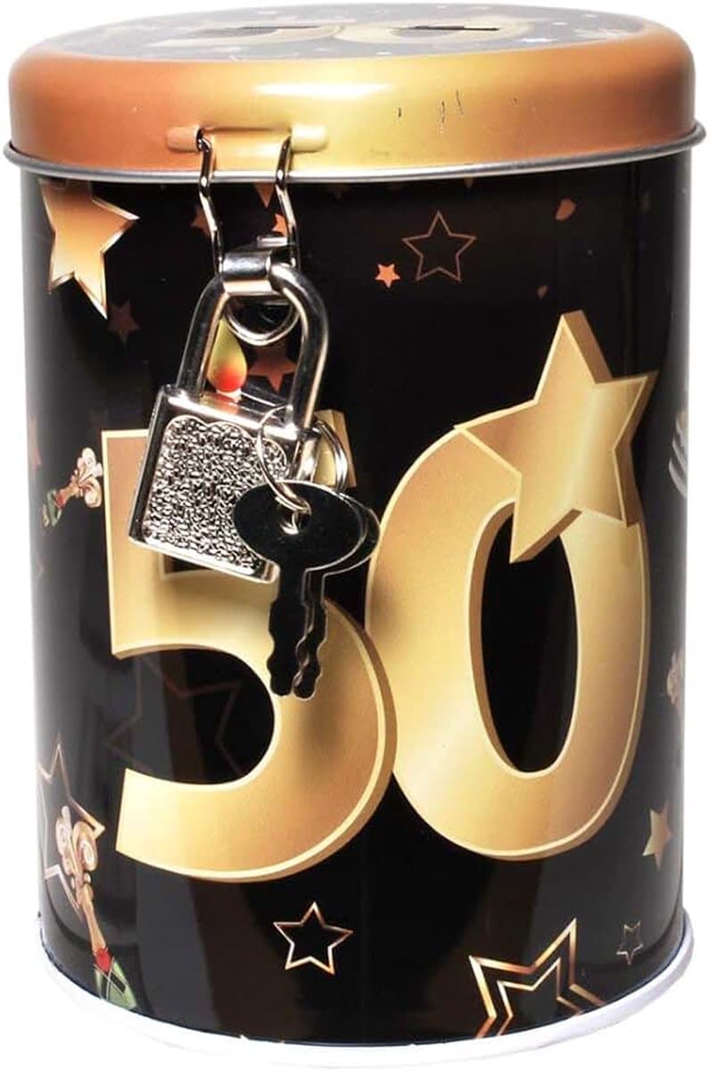 Metalen spaarpot zwart/goud 50" spaarpot geld geschenkdoos spaarpot 11x8cm — afbeelding 1