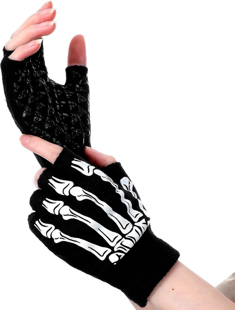 Handschoenen, antislip, vingerloze bothandschoenen, halve vingerhandschoenen, skelet, gebreide skelethandschoenen, kostuumaccessoire voor Halloween, carnaval, cosplay — afbeelding 1