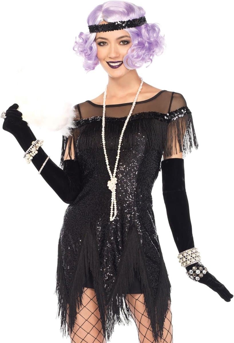 Flapper Kostuum Zwart Jaren 20 Swing Charleston Jurk Set Maat S — afbeelding 1
