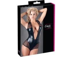 Cottelli Collection – Body in Combinatie Wetlook en Powernet met Diepe V Hals voor Seductie – Maat M – Zwart