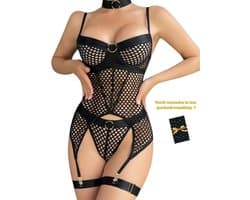 Sexy Lingerieset – Zeer stevige goede kwaliteit – Erotische lingerieset – Bustierset – Zwarte erotische bodystocking met jarretels – Kinky lingerie met goudaccenten – Verleidelijke festival outfit – Dames lingerie – Sexy clubwear – Maat S, M, L, XL