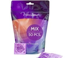 VIBRATISSIMO condooms Mix 50-pack gemengd | gevoelsecht & extra vochtig | Zakje dunne wanddikte & gearomatiseerd | flinterdun genopt & geribbeld | Natuurrubberlatex