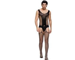 Zeloria Heren Bodystocking Visnet Catsuit – Transparante Heren Lingerie met Jarretel Look – Bodystocking voor Mannen – Mesh Stretch Bodysuit – Zwart – L/XXL