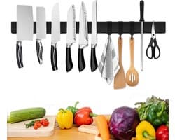 Magneetstrip, 58.5 cm, messenhouder, magnetisch, met 3 haken, roestvrij staal, zelfklevend, zwarte wandhouder, magneetstrip, zonder boren, messenhouder