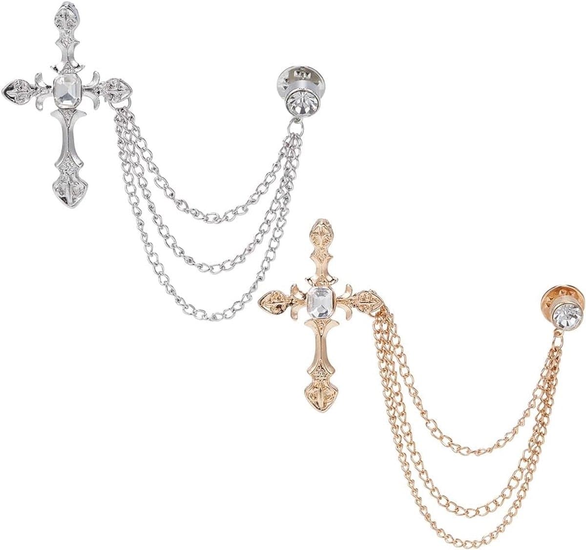 1 Doos 2 Kleuren Heren Broche Pak Pin Badge met Kettingen Hangende Ketting Broche Pin Zilver Goud Legering Kruis Nep Strass Heren Revers Decoraties voor Smoking Stropdas Hoed Sjaal Shirt — afbeelding 1