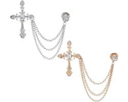 1 Doos 2 Kleuren Heren Broche Pak Pin Badge met Kettingen Hangende Ketting Broche Pin Zilver Goud Legering Kruis Nep Strass Heren Revers Decoraties voor Smoking Stropdas Hoed Sjaal Shirt