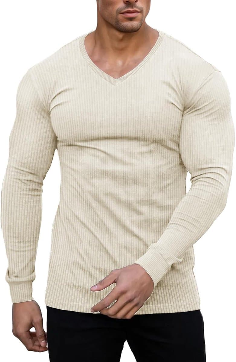 Cmdr Slim Fit V-hals Lange Mouw Spier-Thermo-T-Shirt Casual Geribbelde Trui Lichte Trui Onderhemden — afbeelding 1