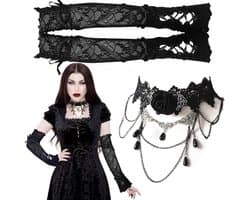 Handschoenen, Kant Handschoenen Zwart en Gothic Tattoo Chokers Roos Prom Opera Wanten Handschoenen voor Vrouwen en Meisjes Vingerloos Elleboog Lengte Vintage Mesh Handschoenen Lolita