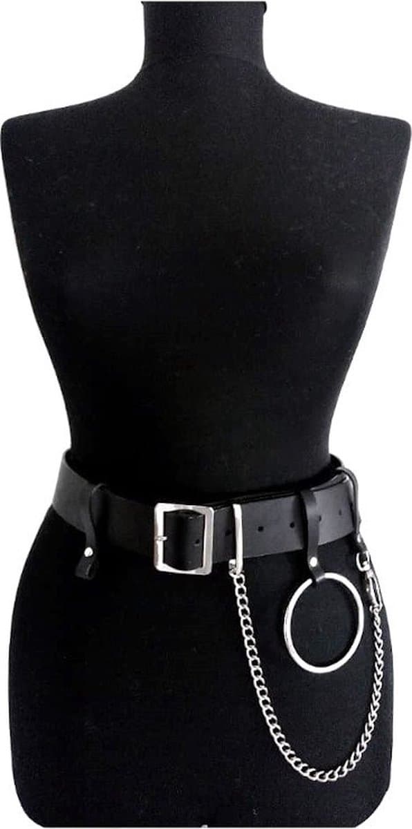 Nooitmeersaai - Harnas Vrouw - Leer - Brede Riem Met Ring en Ketting - Zwart - BDSM Extreme - Bondage Harnas — afbeelding 1