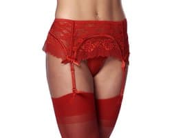 Amorable - Kanten Jarretelgordel Met Open Achterkant - Inclusief String En Kousen - Rood