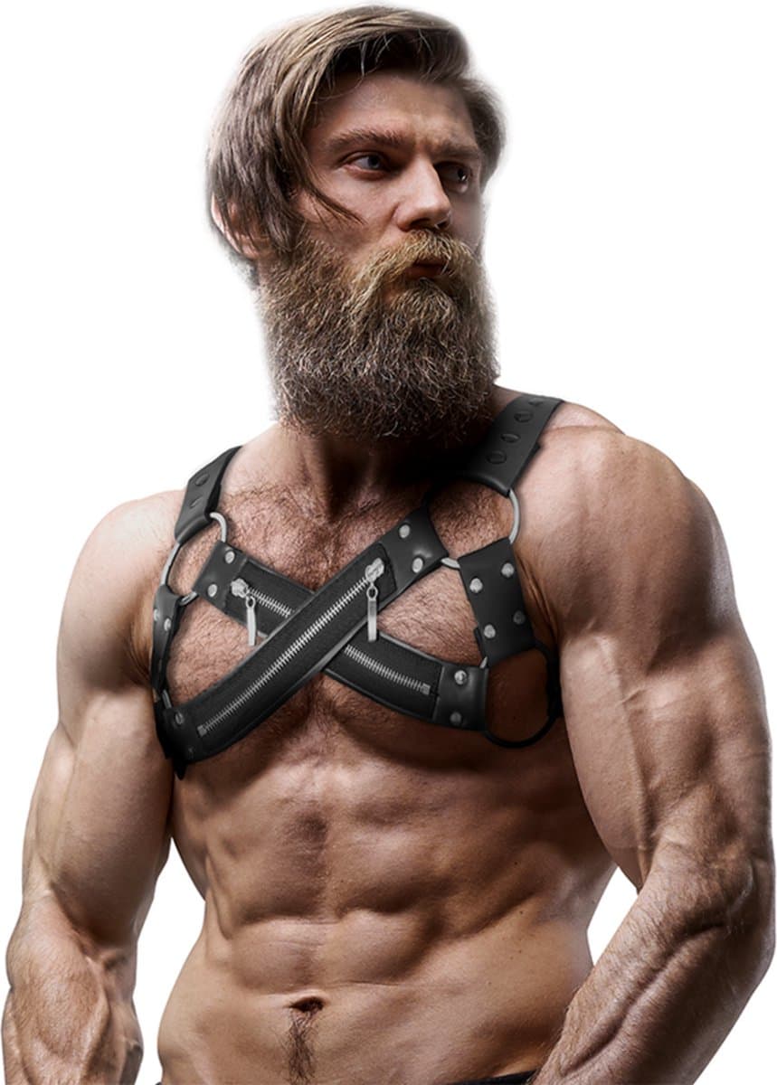 FETISH SUBMISSIVE ATTITUDE™ - ADJUSTABLE NEOPRENE CROSS-OVER CHEST BULLDOG HARNESS WITH ZIPPERS FOR MEN | BDSM | FETISH | BONDAGE | MAN BODY HARNESS — afbeelding 1