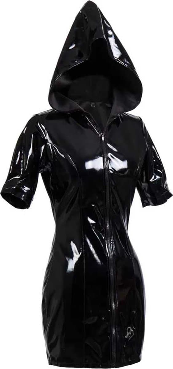 Porno erotiek jurk vrouwen - Latex wetlook - PVC Leder - Met capuchon - RedParrot - Mini jurk erotisch - Ritssluiting voorzijde — afbeelding 1