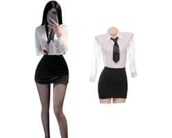 Sexy Secretaresse Kostuum - 4-delig Zwart-Wit Verkleedpakje - Blouse, Stropdas, Rok en String - Secretaresse / CEO / Baas / Docent / Lerares - Rollenspel / Cosplay - Lingerie Ondergoed voor Dames - Maat S/M
