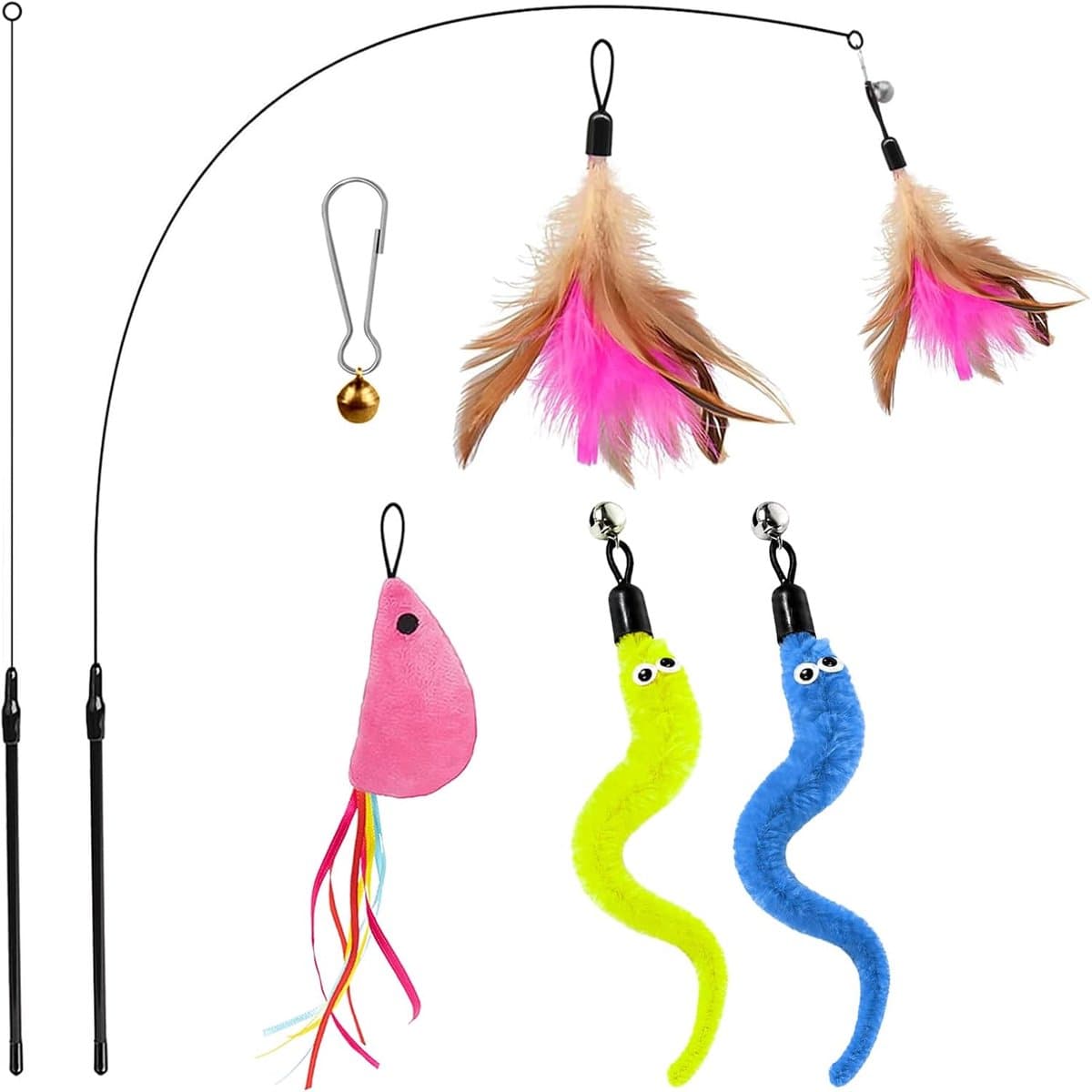 Kattenhengelset met stalen koord, interactief kattenspeelgoed, hengel met veer/muis/worm voor katten — afbeelding 1