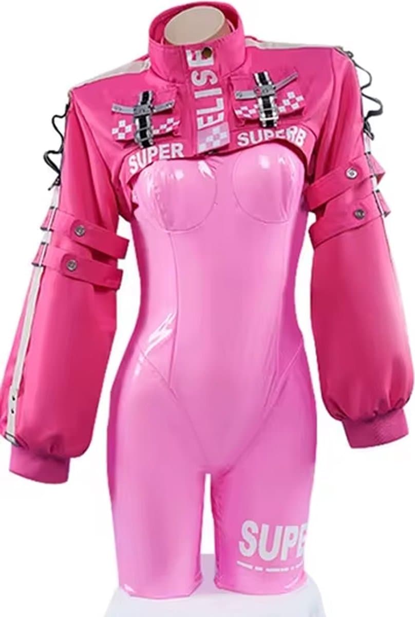 Luxe PU lederen cosplay set - Erotisch rollenspel - 5-delig - Roze - Bodysuit - Jas - Handschoenen - Sokken - Hairpins — afbeelding 1
