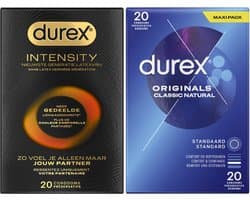 Durex - 40 stuks Condooms - Intensity Nieuwste generatie ultradun, gedeelde lichaamswarmte 20st - Classic Natural 20st - Voordeelverpakking