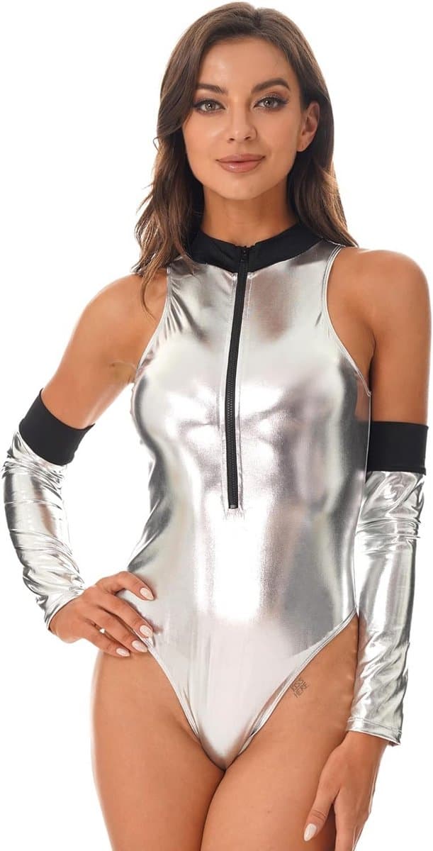 Dames Catsuit Lakleer Glitter Jumpsuit met Rits Rave Festival Bodysuit — afbeelding 1