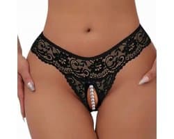 Sexy Kanten String met Parels & Open Kruis - Maat XL - Zwarte Crotchless Erotische Lingerie met Stimulerende Parelketting