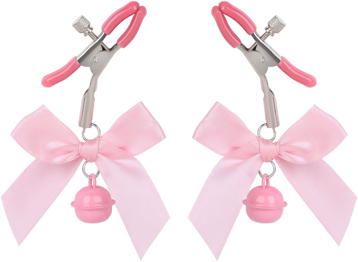 Oneay Tepelklemmen set van 2 stuks – Verstelbare RVS klemmen met ketting en bel – Accessoire voor volwassenen – Roze — afbeelding 1