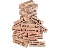 Blokkentoren spel - Date night - Koppels spel - 48 bedrukte blokken - 7x2.2x1.2 cm - Hout