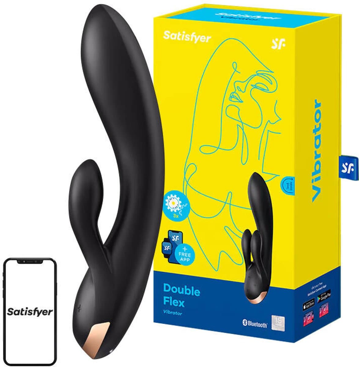 Satisfyer, vibrator, Bluetooth Rabbit, Double Flex, 20 cm, met app, 3 motoren, gemaakt van volledig siliconen, oplaadbaar, waterdicht — afbeelding 1