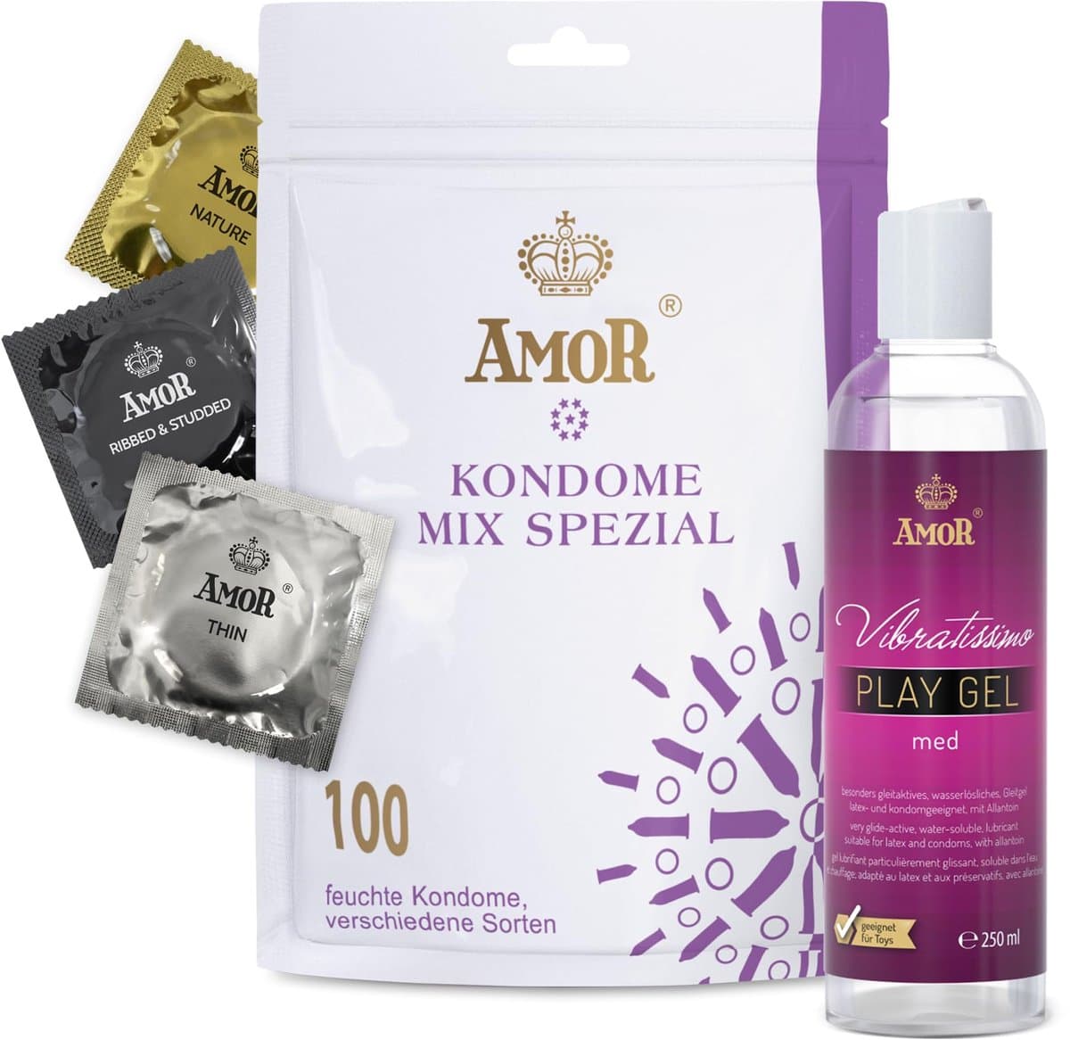 Set AMOR Premium Condoom en Glijmiddel - Ideale partners voor goede seks, 100 Mix Special Condooms Ø 53 mm, 5 soorten + Vibratissimo Play Gel med 250 ml — afbeelding 1