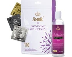 Set AMOR Premium Condoom en Glijmiddel - Ideale partners voor goede seks, 100 Mix Special Condooms Ø 53 mm, 5 soorten + Vibratissimo Play Gel med 250 ml