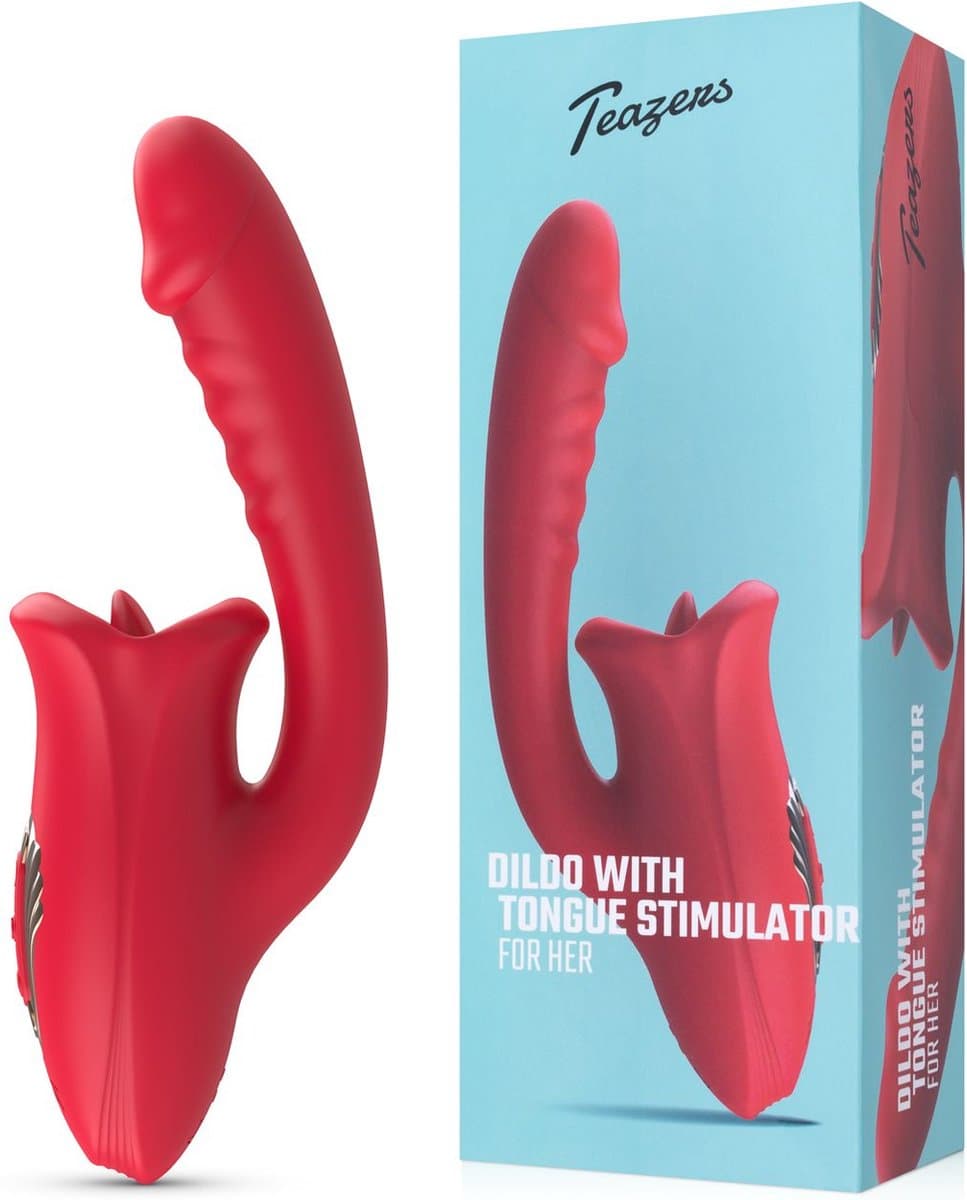 Teazers - Dildo met Clitoris Stimulator - Vibrators voor Vrouwen - Sex Toys voor Vrouwen - Dildo’s - Tong Vibrator - Dubbele Stimulatie - Rood — afbeelding 1