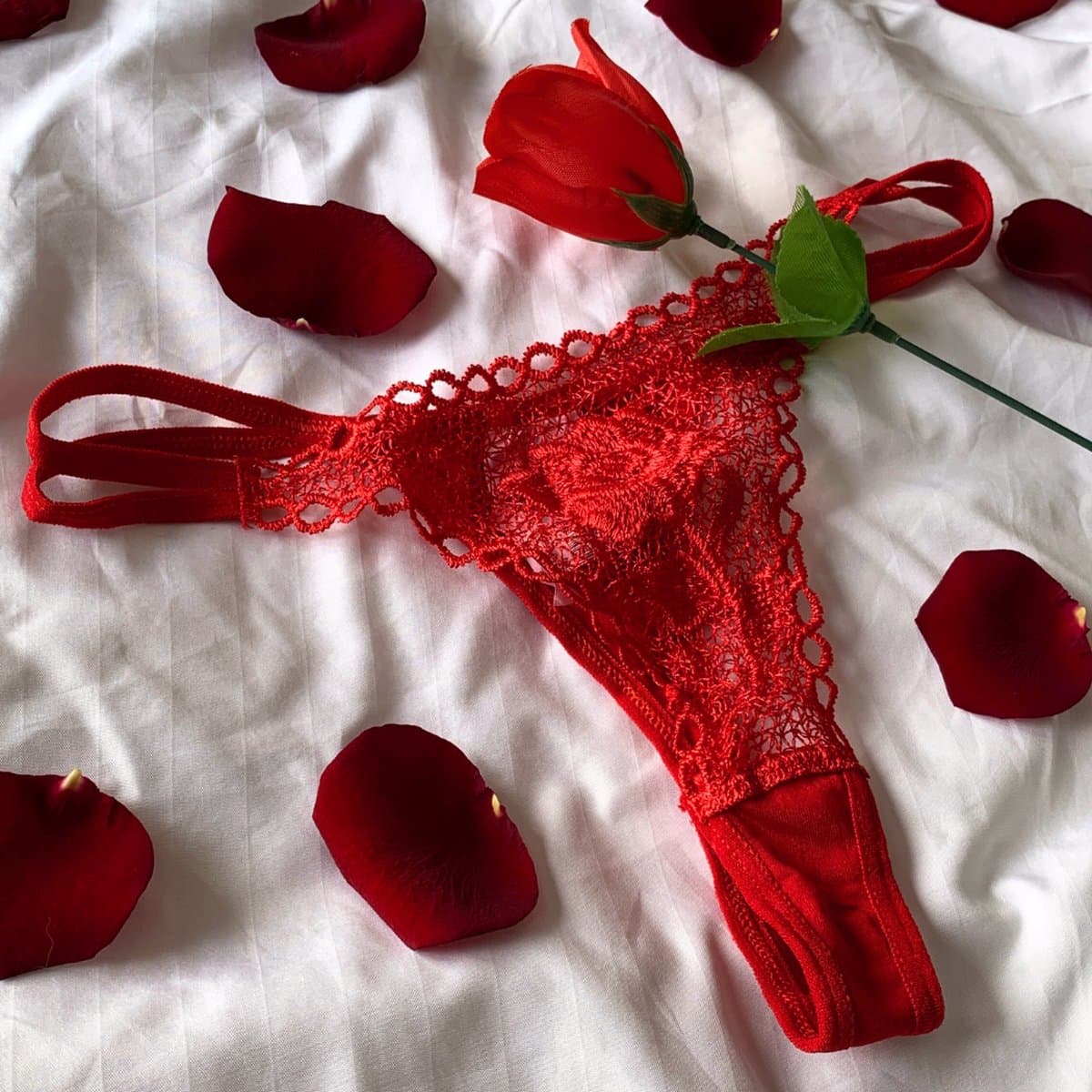 Roos met rode G-string – Origineel Valentijnscadeau voor haar – One size – Lengte 43 cm – Humoristisch en romantisch – Rode lingerie cadeau — afbeelding 1