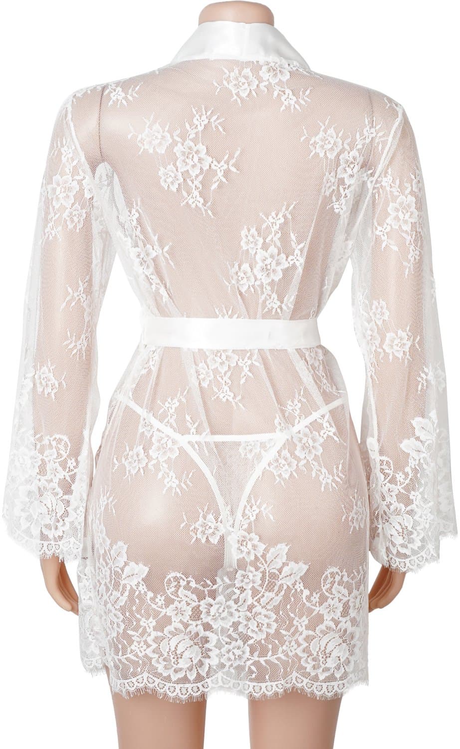 Zeloria Kanten Kimono Set met String – Transparante Sexy Nachtmode – Wit – XS/S — afbeelding 1