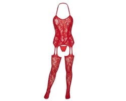 WiseGoods Lingerie Erotisch voor Dames - Rode Set met Jarretels, Body en String van Mesh - Sexy Ondergoed Vrouwen - Geschikt tot 75 kg - Geschenkset