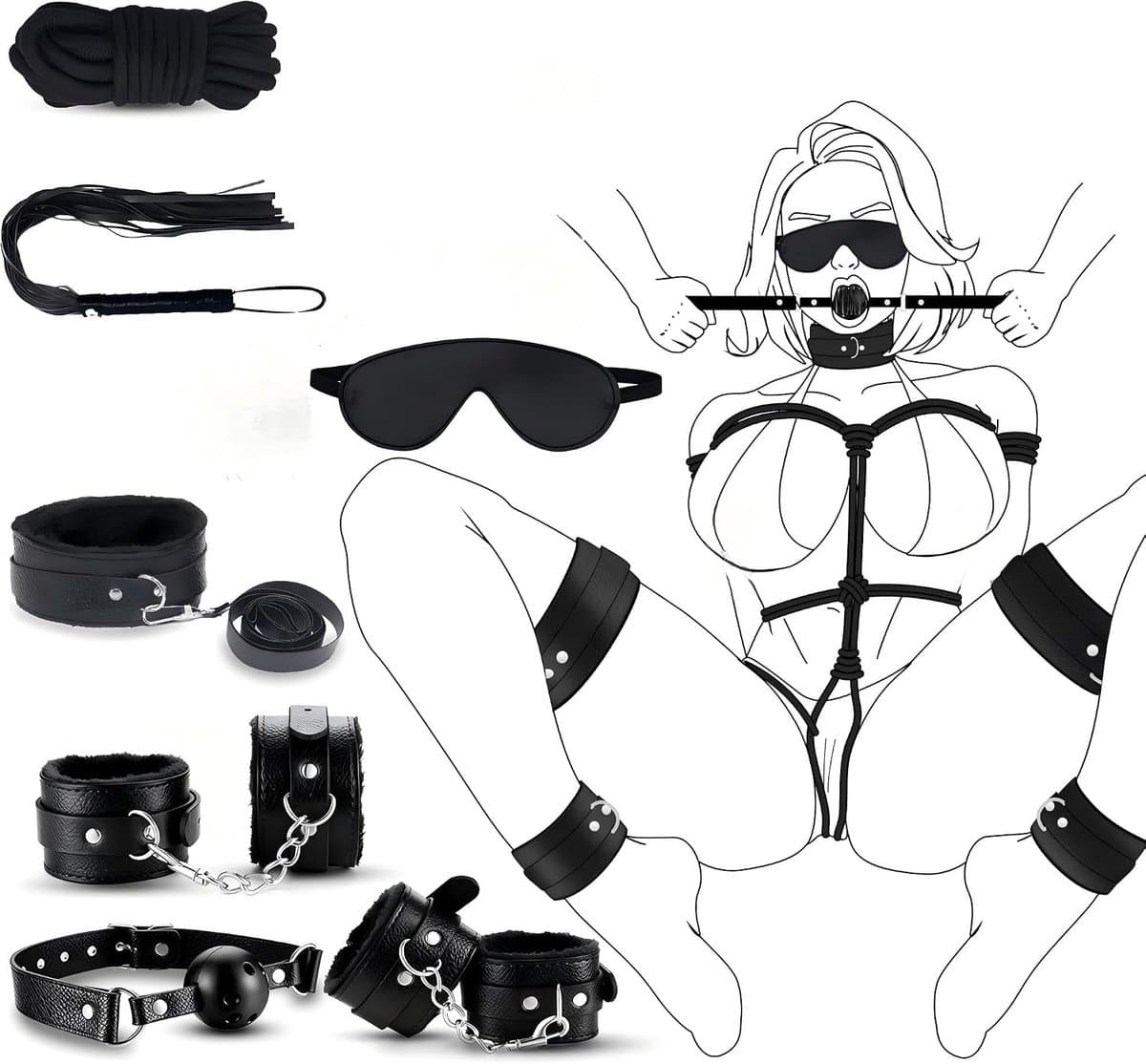 Bondage BDSM Kit Boeien, 7-delige bondage boeien set Fetisj bed boeien kits Handboeien Flogger Touw Kraag Oogband SM Spelletjes voor volwassenen voor vrouwen, mannen en koppels Seksspeeltjes — afbeelding 1