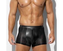 Zwarte Low Rise Heren Boxer met Rits – Ademend Mesh & PU-Leren Front – Sexy Stretch Ondergoed voor Mannen- Maat M