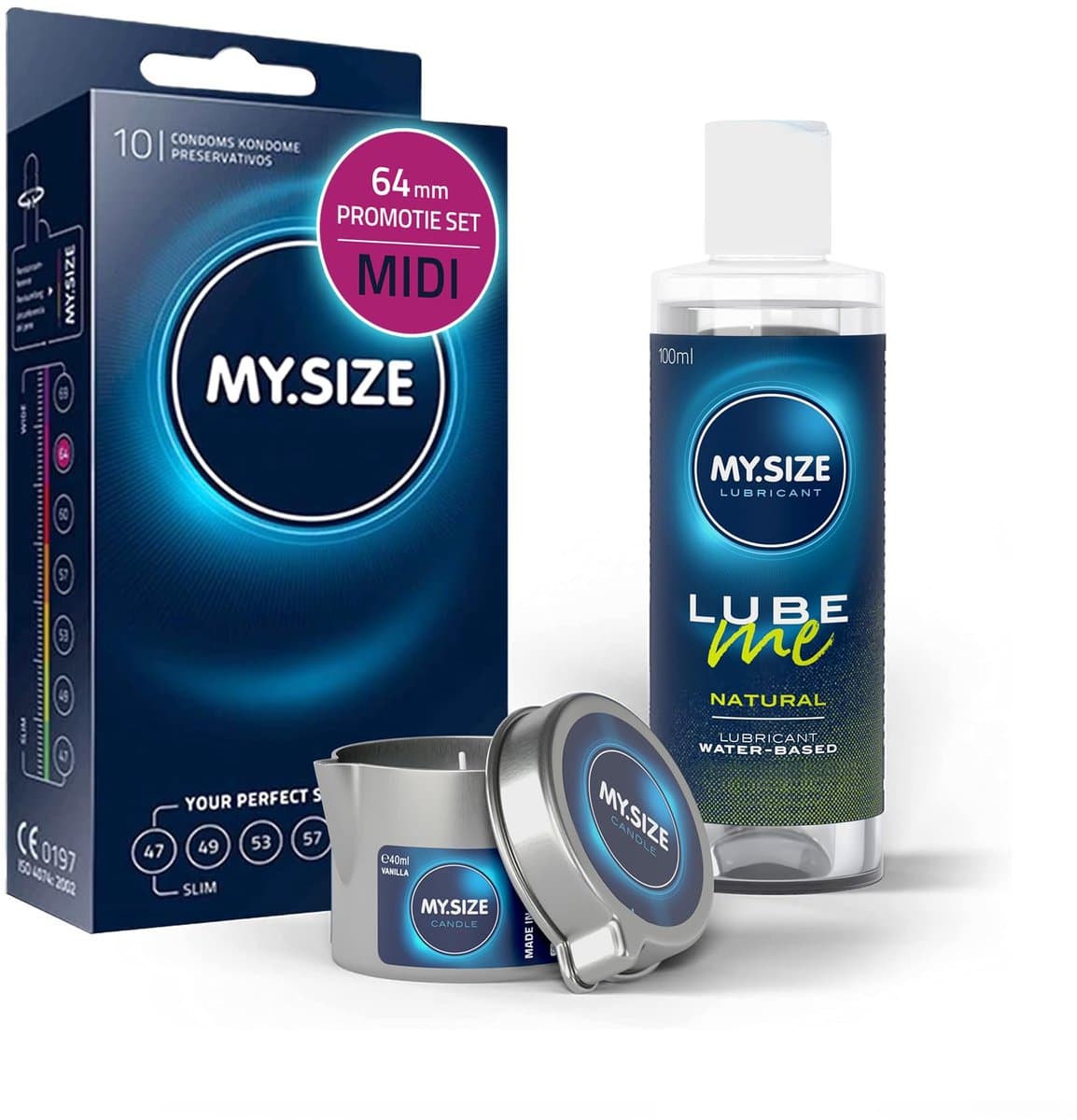 Voordeelverpakking MY.SIZE-condooms 64 mm, pak van 10 + MY.SIZE natuurlijk glijmiddel 100 ml + MY.SIZE-massagekaars — afbeelding 1