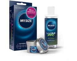 Voordeelverpakking MY.SIZE-condooms 64 mm, pak van 10 + MY.SIZE natuurlijk glijmiddel 100 ml + MY.SIZE-massagekaars
