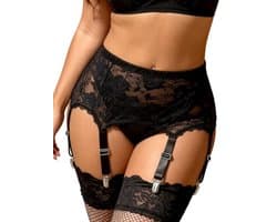 Zwarte kanten jarretelgordel met 6 clips - Verstelbare hoge taille - Maat XL-XXL
