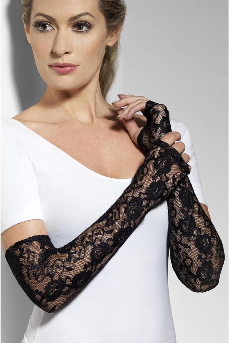Lange Kant Handschoenen - Vingerloze Accessoires - Feestelijke Outfit - Elegante Kant - Eén Maat - Zwart — afbeelding 1